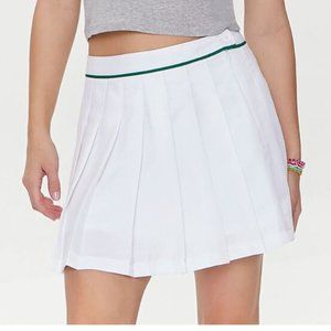Pleated Mini Skirt - Preppy Little White Skirt with Green Trim - Fully Lined